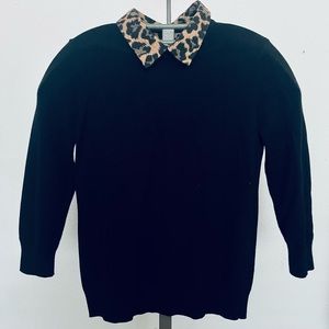 Talbots Black Sweater with Leopard Print Collar Size Medium Petite